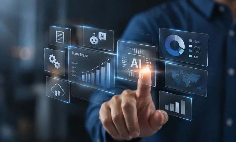 A hand reaching into a panel of AI tools and charts
